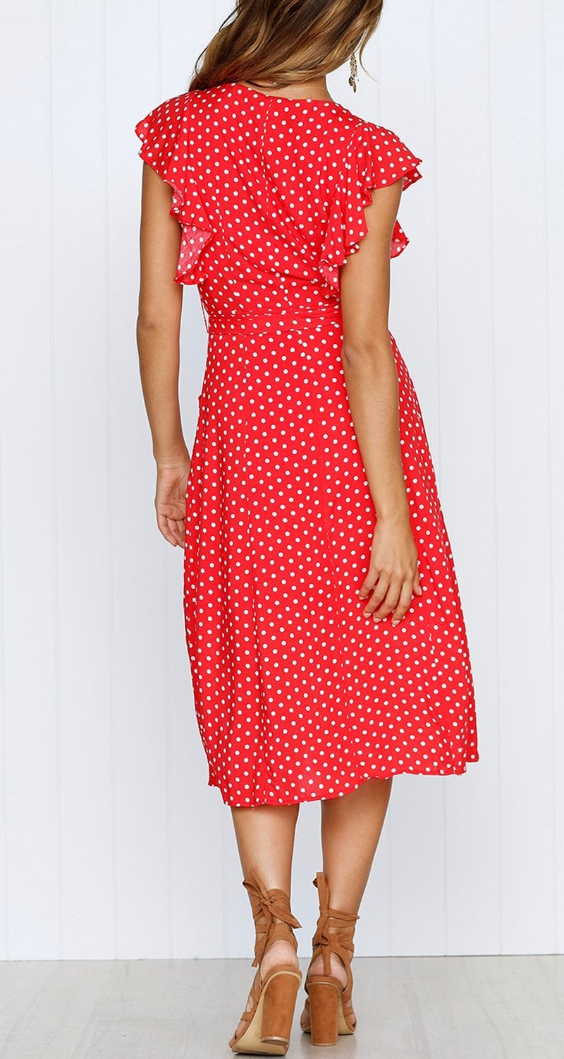 MITILLY Women's Boho Polka Dot Flutter Short Sleeve V Neck Button Down Swing Midi Dress with Pockets X-Large Red - Image 3